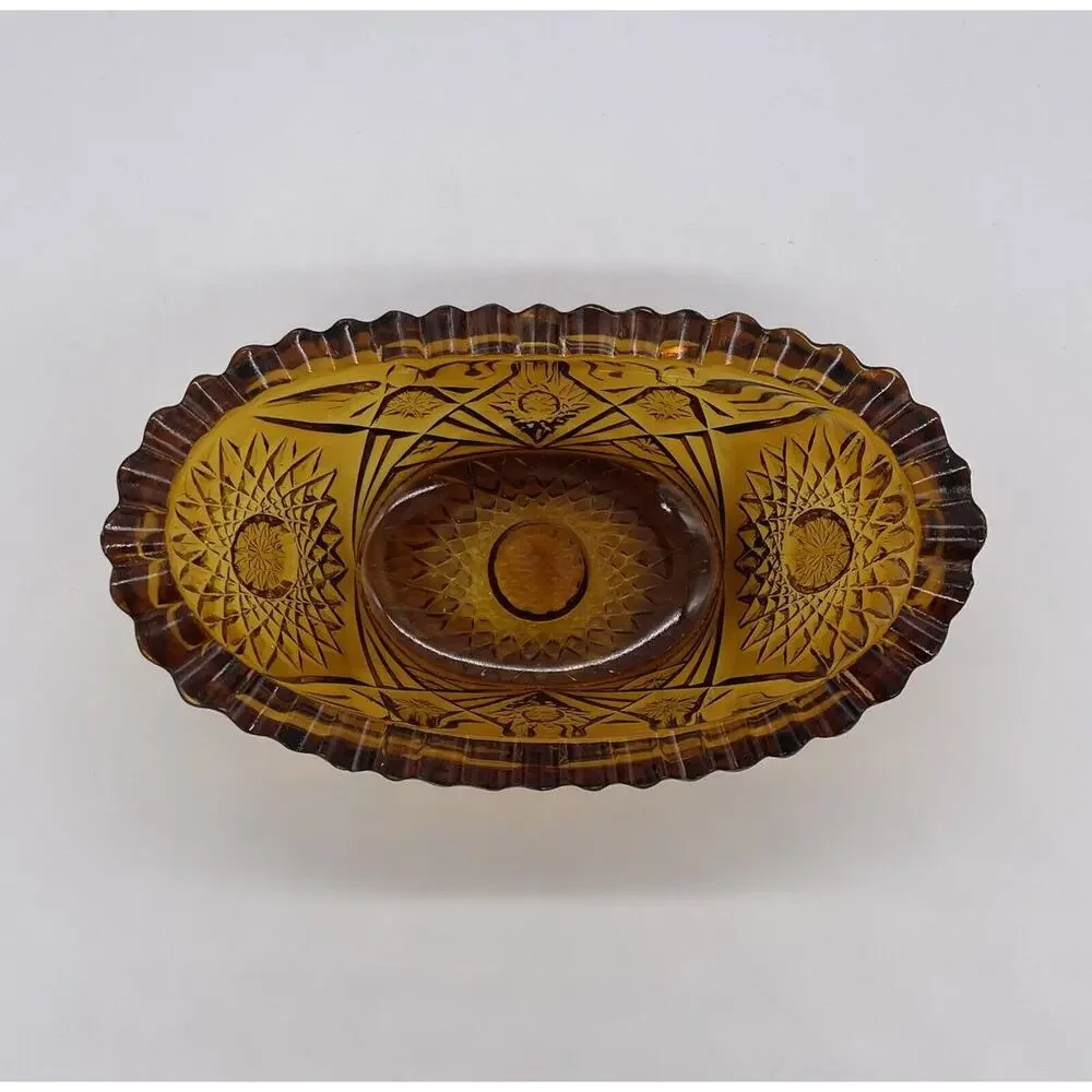 L.E. Smith Small Amber Cut Glass Star Pattern Oval Dish Vintage